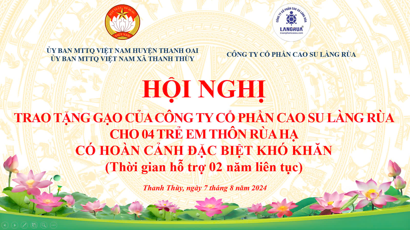 Hội nghị trao gạo và các phần quà hỗ trợ cho 04 trẻ em có hoàn cảnh đặc biệt khó khăn trên địa bàn xã Thanh Thùy.